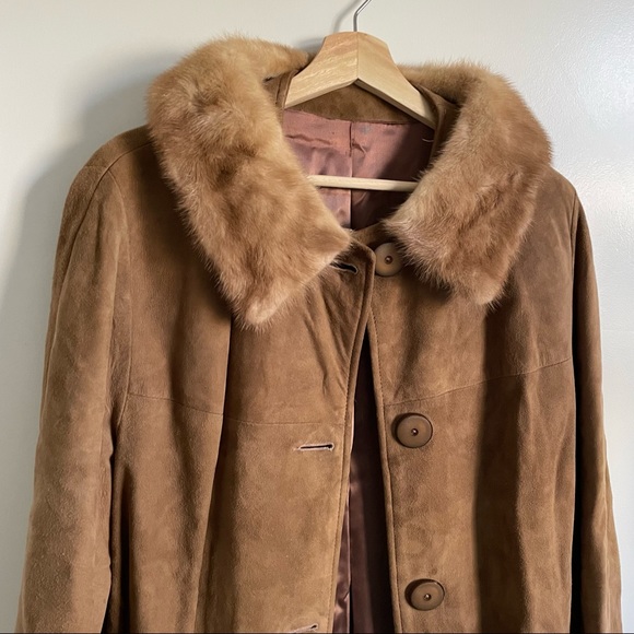 VINTAGE 1960 Suede Coat Mink Collar - Satin Lined size 7 - Picture 3 of 14